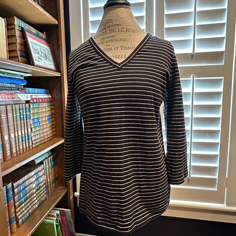 Jones New York Black and White Striped Long Sleeve Top